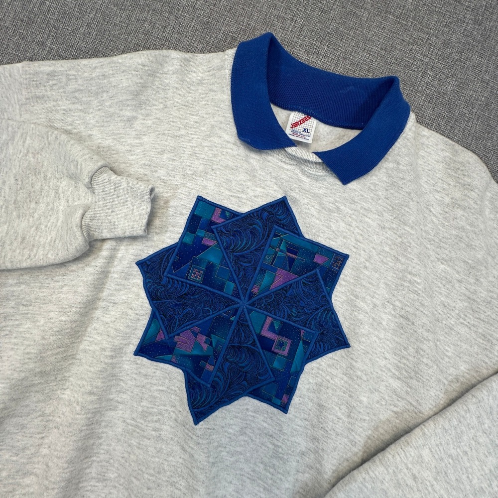 Vintage Jerzees Collared Sweatshirt‎ Mens XL Embroidered Patchwork Star 80s 90s